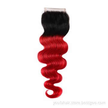 Amazon Hot Ombre Colored 4x4 1B Red Transparent Swiss Lace Closure Free Part High Density Brazilian Hair Body Wave Lace Closure